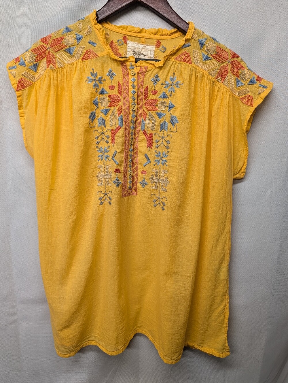 Johnny Was Biya Yellow Haddie Embroidered Boho Tunic Blouse, EUC Size Small